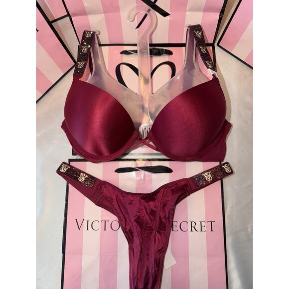 Victoria's Secret Other - Victorias Secret Bra Bombshell Shine Strap 32B Small Satin Thong Burgundy